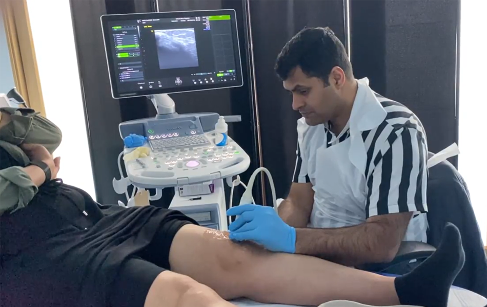 Checking knee joint using state of the art ultrasound scanner