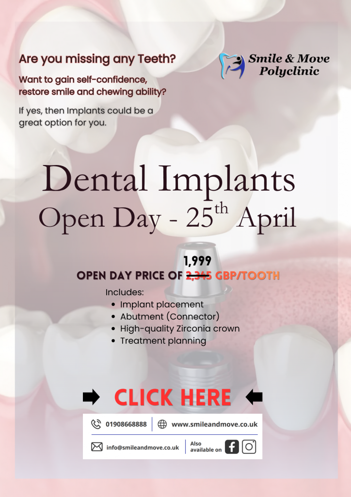 Flyer for Dental Implants Open Day on 25th April at Smile and Move Polyclinic